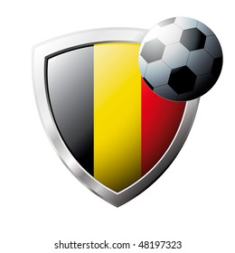 Vector illustration - abstract soccer theme - shiny metal shield isolated on white background with flag of Belgium