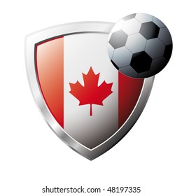 Vector illustration - abstract soccer theme - shiny metal shield isolated on white background with flag of Canada