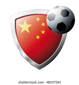 Vector illustration - abstract soccer theme - shiny metal shield isolated on white background with flag of China