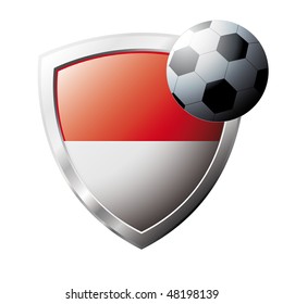 Vector illustration - abstract soccer theme - shiny metal shield isolated on white background with flag of Indonesia