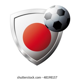 Vector illustration - abstract soccer theme - shiny metal shield isolated on white background with flag of Japan