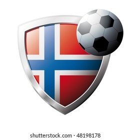 Vector illustration - abstract soccer theme - shiny metal shield isolated on white background with flag of Norway