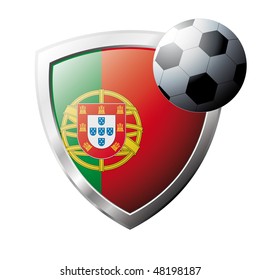 Vector illustration - abstract soccer theme - shiny metal shield isolated on white background with flag of Portugal