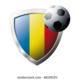 Vector illustration - abstract soccer theme - shiny metal shield isolated on white background with flag of Romania