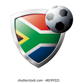 Vector illustration - abstract soccer theme - shiny metal shield isolated on white background with flag of South africa