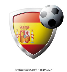 Vector illustration - abstract soccer theme - shiny metal shield isolated on white background with flag of Spain