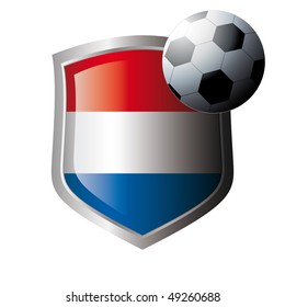 Vector illustration - abstract soccer theme - shiny metal shield isolated on white background with flag of Netherlands