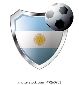 Vector illustration - abstract soccer theme - shiny metal shield isolated on white background with flag of Argentina