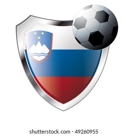 Vector illustration - abstract soccer theme - shiny metal shield isolated on white background with flag of Slovenia
