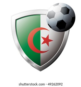 Vector illustration - abstract soccer theme - shiny metal shield isolated on white background with flag of Algeria