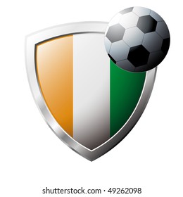 Vector illustration - abstract soccer theme - shiny metal shield isolated on white background with flag of Cote d I voire