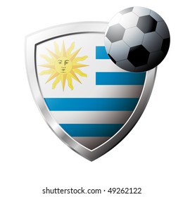 Vector illustration - abstract soccer theme - shiny metal shield isolated on white background with flag of Uruguay