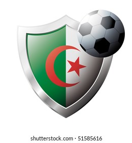 Vector illustration - abstract soccer theme - shiny metal shield isolated on white background with flag of Algeria
