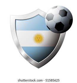 Vector illustration - abstract soccer theme - shiny metal shield isolated on white background with flag of Argentina