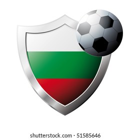 Vector illustration - abstract soccer theme - shiny metal shield isolated on white background with flag of Bulgaria