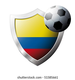 Vector illustration - abstract soccer theme - shiny metal shield isolated on white background with flag of Columbia