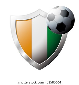 Vector illustration - abstract soccer theme - shiny metal shield isolated on white background with flag of Cote d I voire