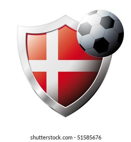 Vector illustration - abstract soccer theme - shiny metal shield isolated on white background with flag of Denmark