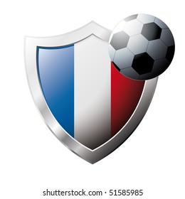 Vector illustration - abstract soccer theme - shiny metal shield isolated on white background with flag of France