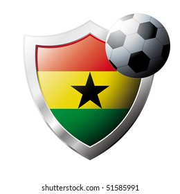 Vector illustration - abstract soccer theme - shiny metal shield isolated on white background with flag of Ghana