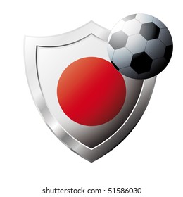 Vector illustration - abstract soccer theme - shiny metal shield isolated on white background with flag of Japan