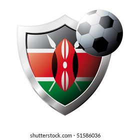 Vector illustration - abstract soccer theme - shiny metal shield isolated on white background with flag of Kenya