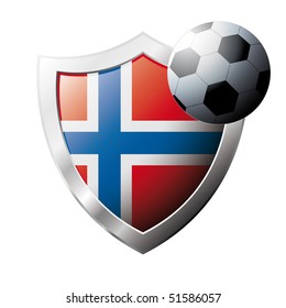 Vector illustration - abstract soccer theme - shiny metal shield isolated on white background with flag of Norway
