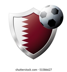 Vector illustration - abstract soccer theme - shiny metal shield isolated on white background with flag of Qatar
