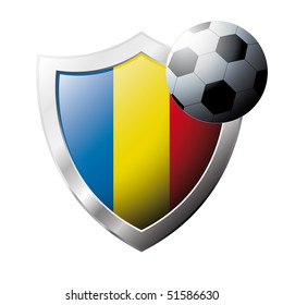 Vector illustration - abstract soccer theme - shiny metal shield isolated on white background with flag of Romania