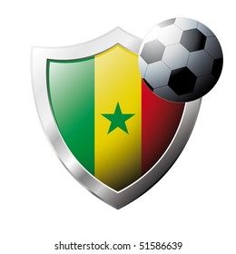 Vector illustration - abstract soccer theme - shiny metal shield isolated on white background with flag of Senegal