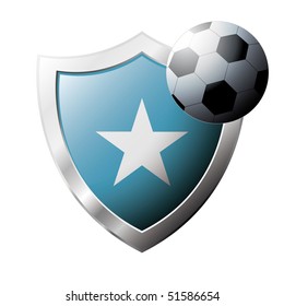 Vector illustration - abstract soccer theme - shiny metal shield isolated on white background with flag of Somalia