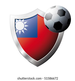 Vector illustration - abstract soccer theme - shiny metal shield isolated on white background with flag of Taiwan