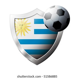 Vector illustration - abstract soccer theme - shiny metal shield isolated on white background with flag of Uruguay