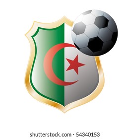 Vector illustration - abstract soccer theme - shiny metal shield isolated on white background with flag of Algeria