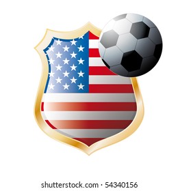 Vector illustration - abstract soccer theme - shiny metal shield isolated on white background with flag of America USA