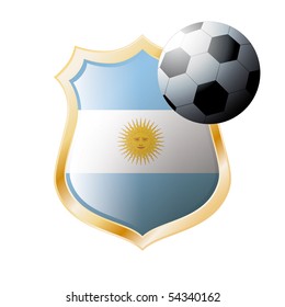 Vector illustration - abstract soccer theme - shiny metal shield isolated on white background with flag of Argentina