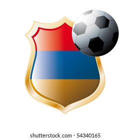 Vector illustration - abstract soccer theme - shiny metal shield isolated on white background with flag of Armenia