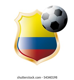 Vector illustration - abstract soccer theme - shiny metal shield isolated on white background with flag of Columbia