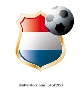 Vector illustration - abstract soccer theme - shiny metal shield isolated on white background with flag of Holland