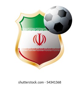 Vector illustration - abstract soccer theme - shiny metal shield isolated on white background with flag of Iran