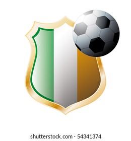 Vector illustration - abstract soccer theme - shiny metal shield isolated on white background with flag of Ireland
