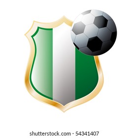 Vector illustration - abstract soccer theme - shiny metal shield isolated on white background with flag of Nigeria