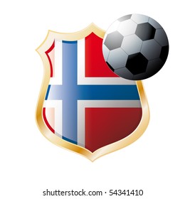 Vector illustration - abstract soccer theme - shiny metal shield isolated on white background with flag of Norway