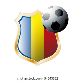 Vector illustration - abstract soccer theme - shiny metal shield isolated on white background with flag of Romania