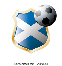 Vector illustration - abstract soccer theme - shiny metal shield isolated on white background with flag of Scotland