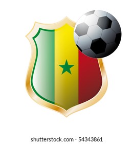 Vector illustration - abstract soccer theme - shiny metal shield isolated on white background with flag of Senegal