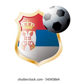 Vector illustration - abstract soccer theme - shiny metal shield isolated on white background with flag of Serbia