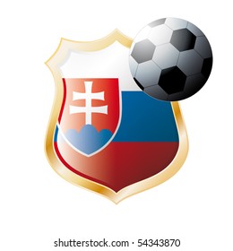 Vector illustration - abstract soccer theme - shiny metal shield isolated on white background with flag of Slovakia