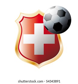 Vector illustration - abstract soccer theme - shiny metal shield isolated on white background with flag of Swiss