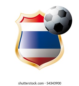 Vector illustration - abstract soccer theme - shiny metal shield isolated on white background with flag of Thailand